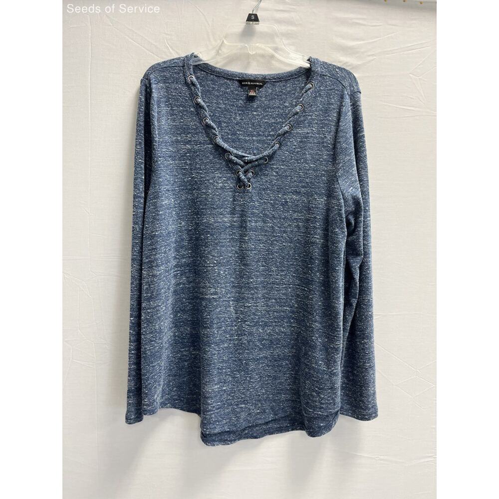 Rock & Republic Blue Gromet Lacing V Neck Long Sleeve Top Womens XL